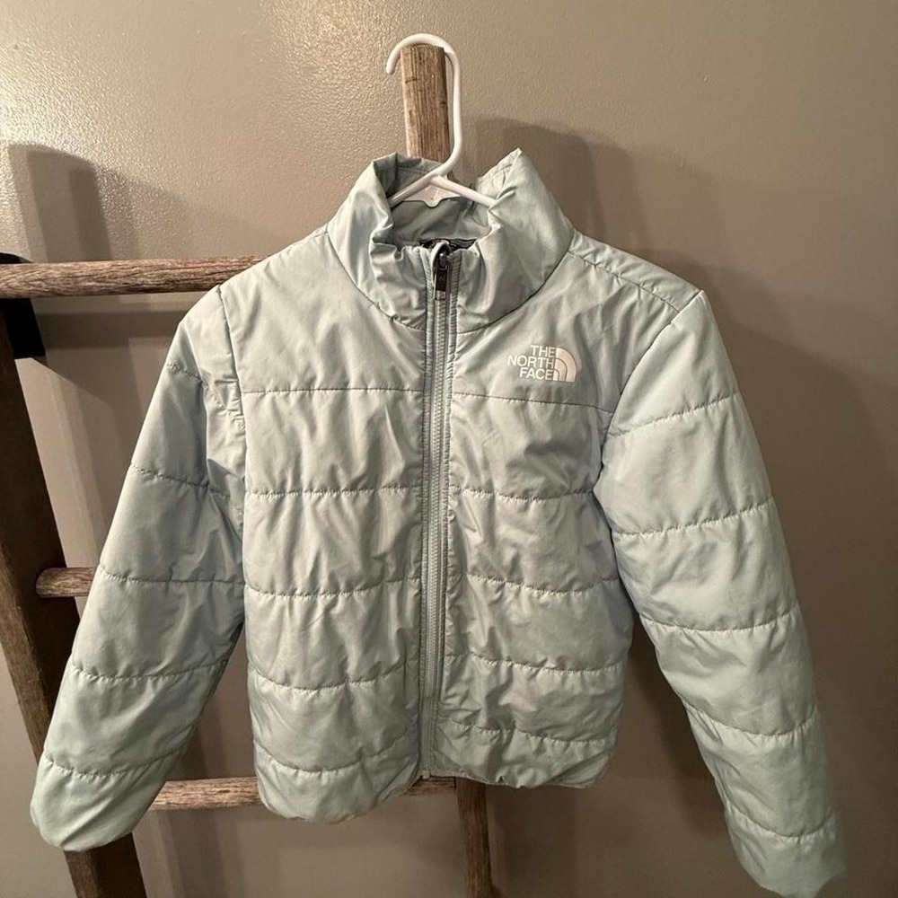 The North Face mint puffer jacket 10, M, some wear on sleeve, shown in photos,